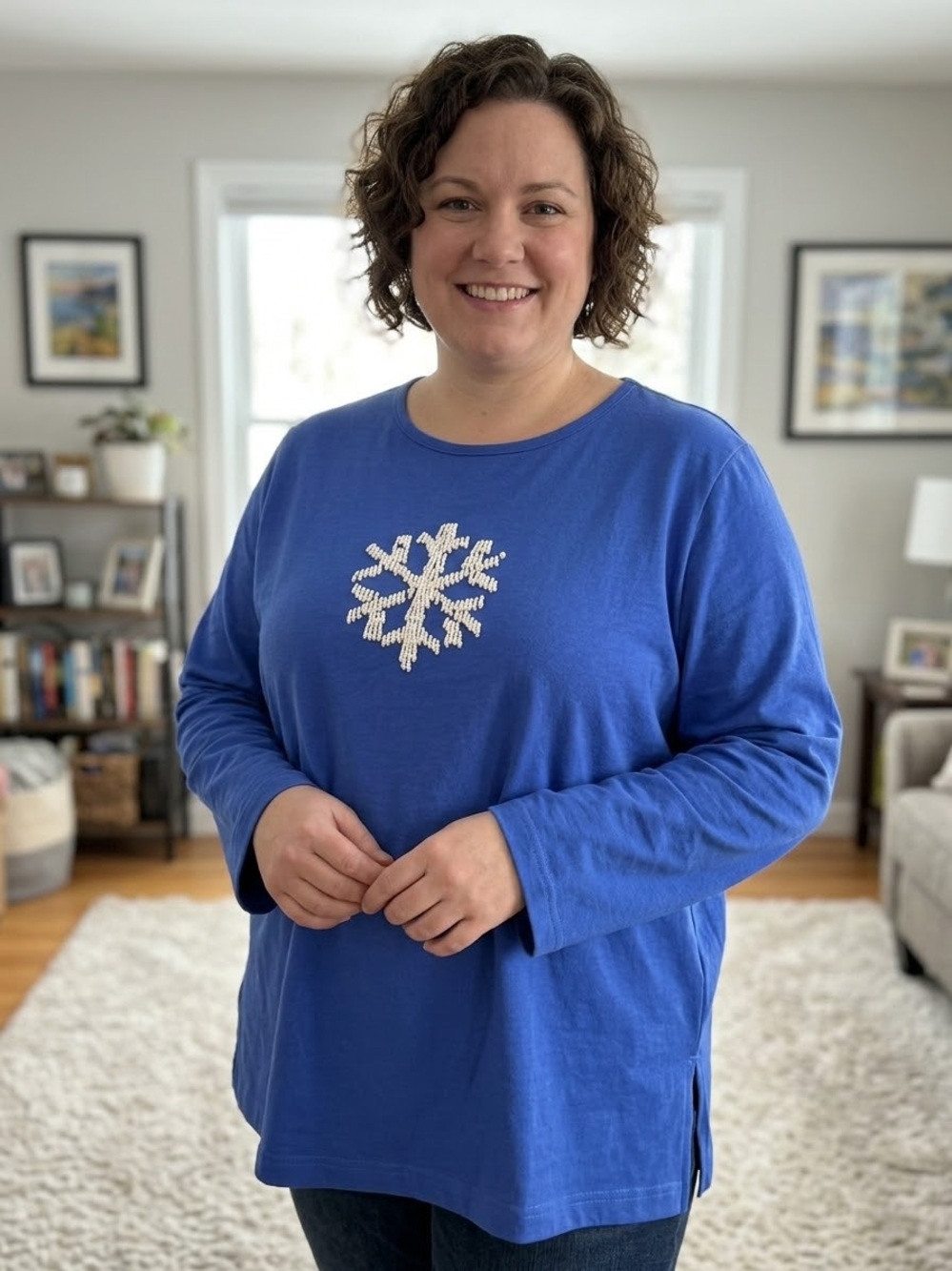 Quacker Factory 2X Blue Holiday Beaded Snowflake Shimmy Long Sleeve Knit Top NWT